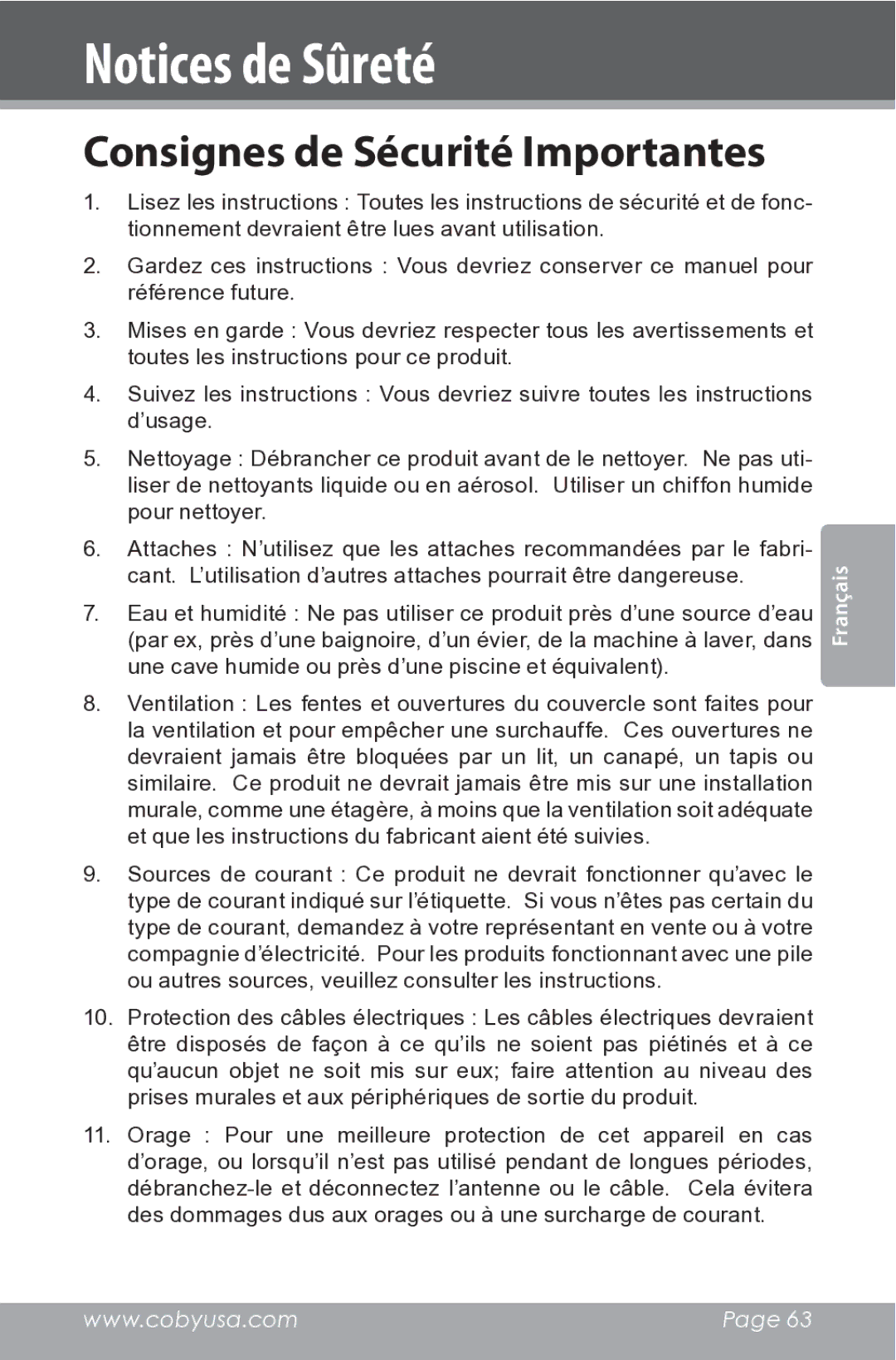 COBY electronic CSMP162 instruction manual Consignes de Sécurité Importantes 