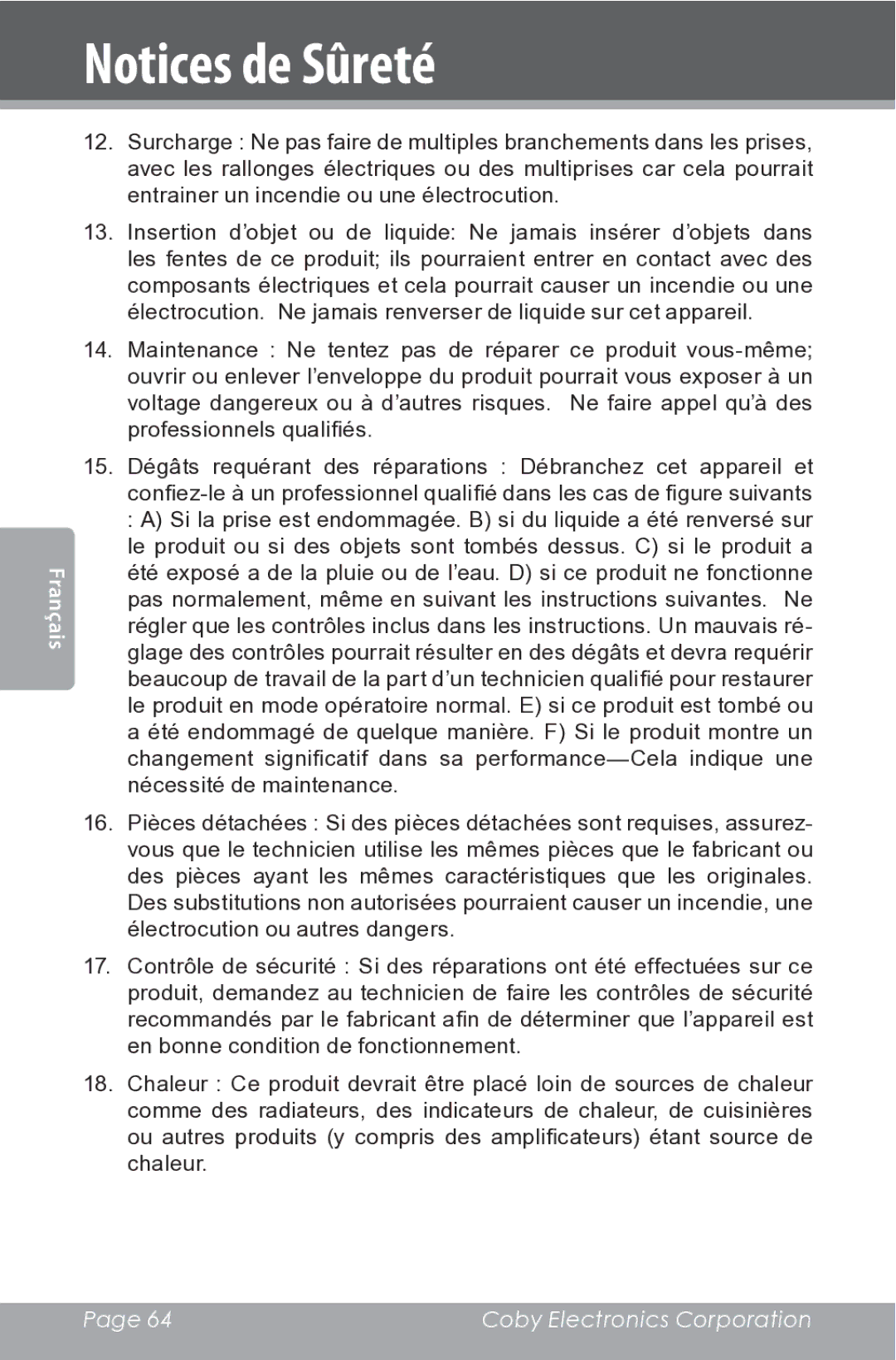 COBY electronic CSMP162 instruction manual Français 