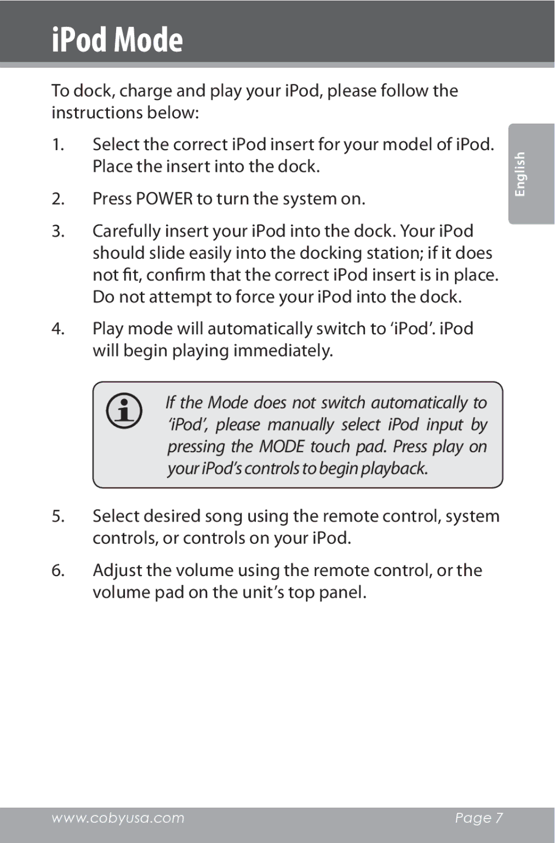 COBY electronic CSMP162 instruction manual IPod Mode 