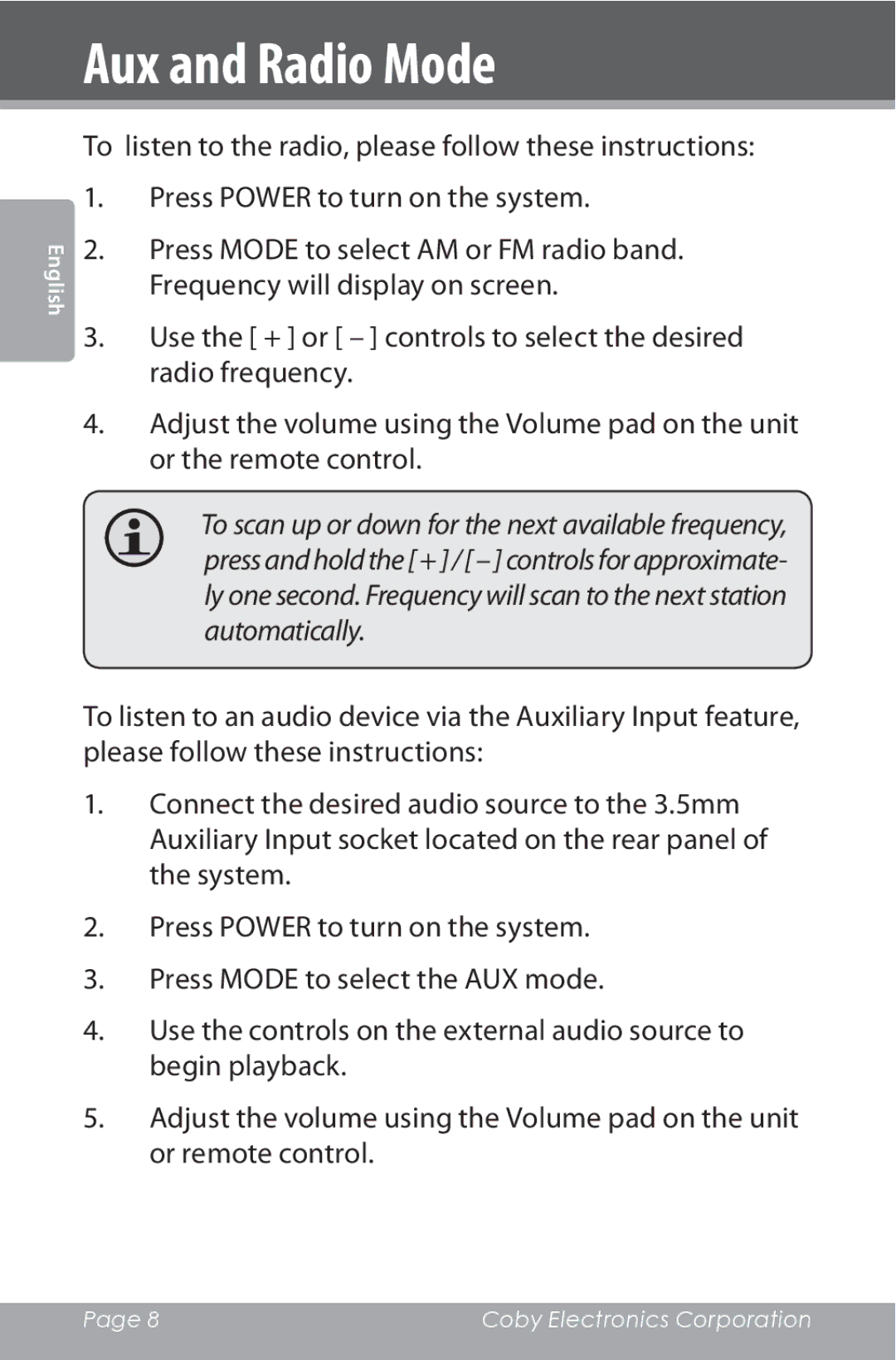 COBY electronic CSMP162 instruction manual Aux and Radio Mode 