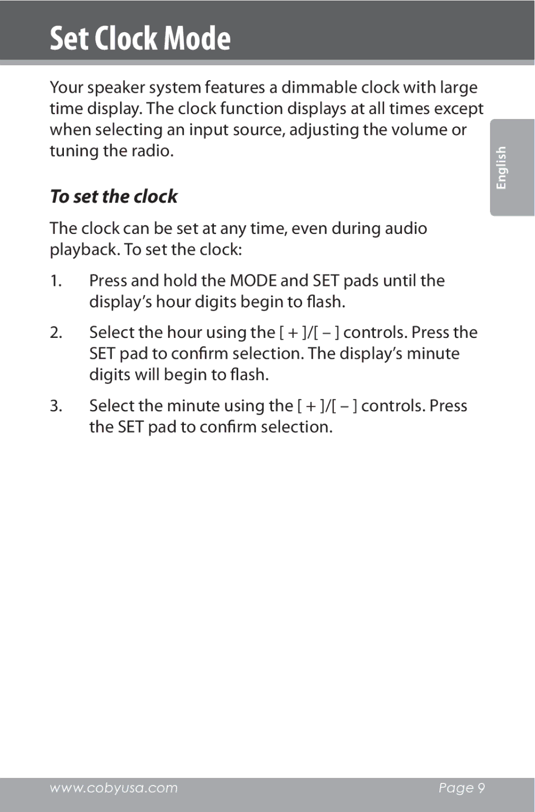 COBY electronic CSMP162 instruction manual Set Clock Mode, To set the clock 