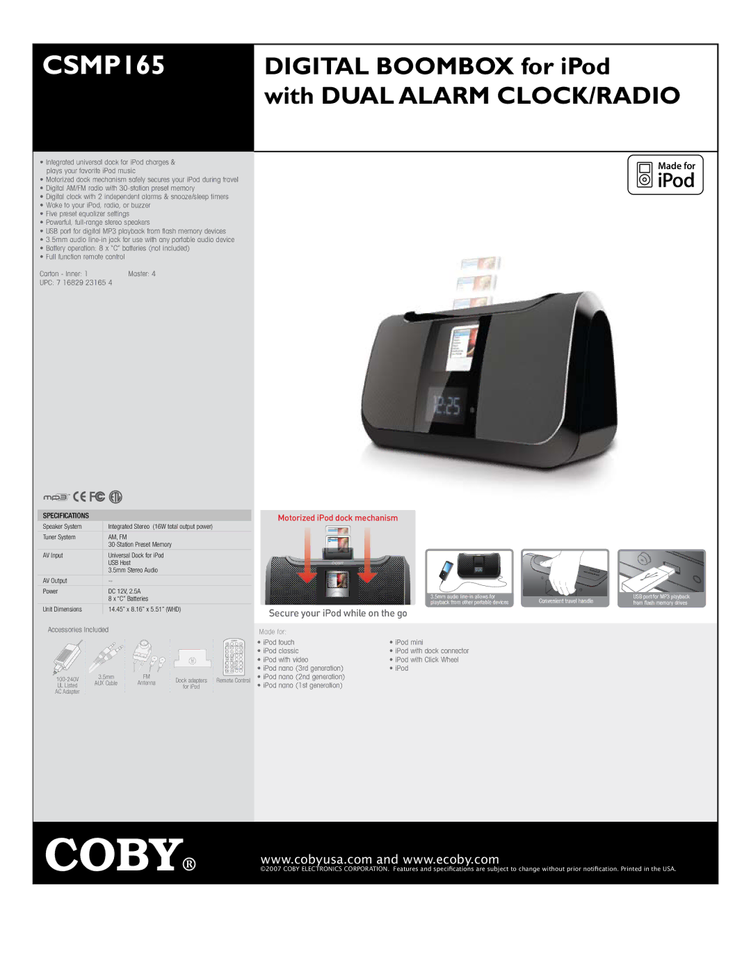 COBY electronic CSMP165 specifications Secure your iPod while on the go, UPC 7 16829 23165, Specifications, Am, Fm 