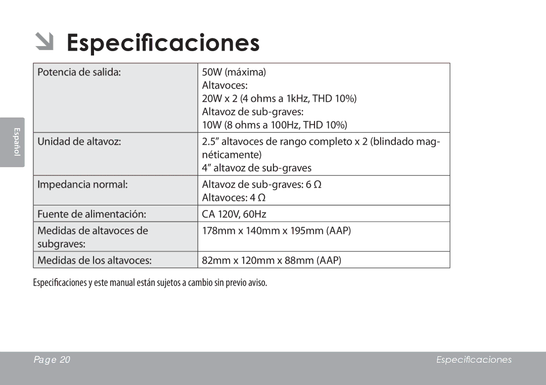 COBY electronic CSMP67 instruction manual ÂÂEspecificaciones 