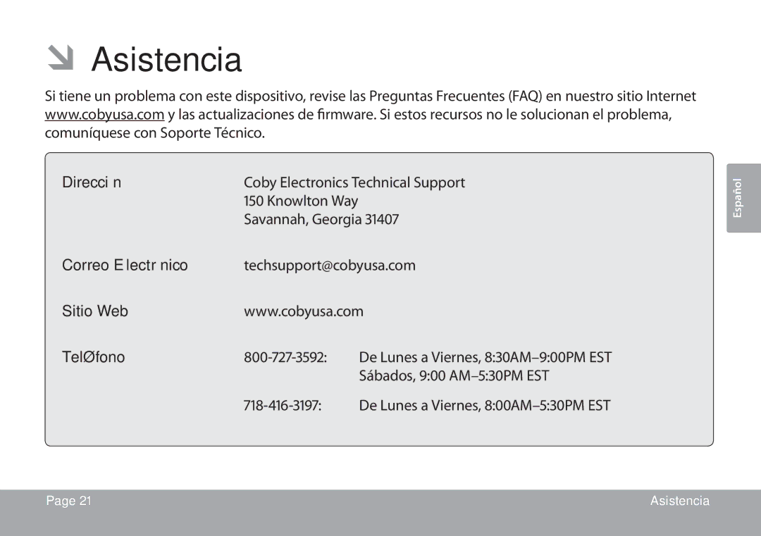 COBY electronic CSMP67 instruction manual ÂÂAsistencia, Sitio Web Teléfono 