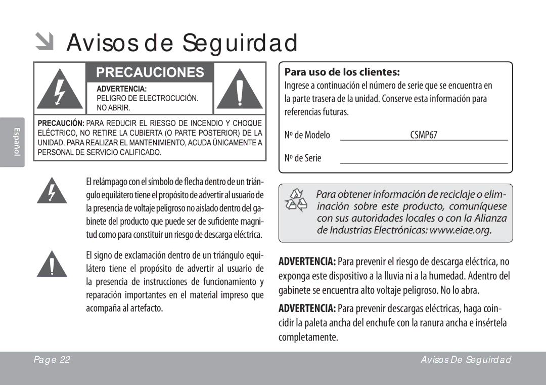 COBY electronic CSMP67 instruction manual ÂÂAvisos de Seguirdad, Para uso de los clientes 