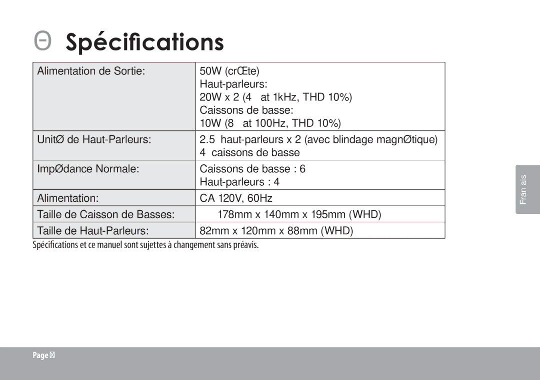 COBY electronic CSMP67 instruction manual ÂÂSpécifications 