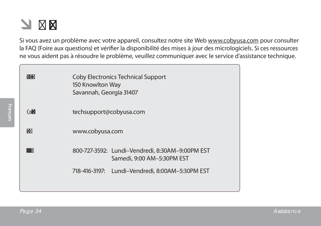 COBY electronic CSMP67 instruction manual ÂÂAssistance, Web Téléphone 