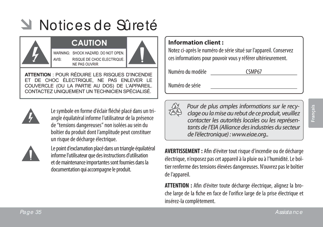 COBY electronic CSMP67 instruction manual ÂÂNotices de Sûreté, Information client 