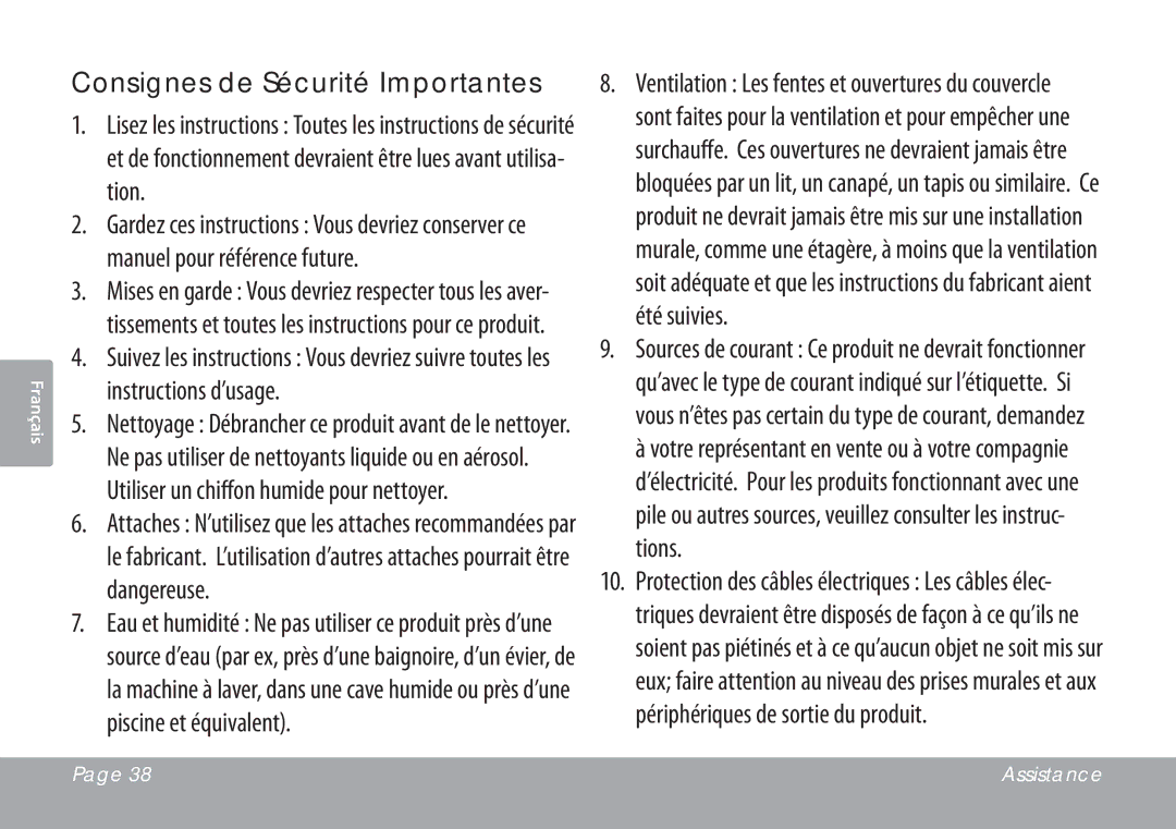 COBY electronic CSMP67 instruction manual Consignes de Sécurité Importantes 