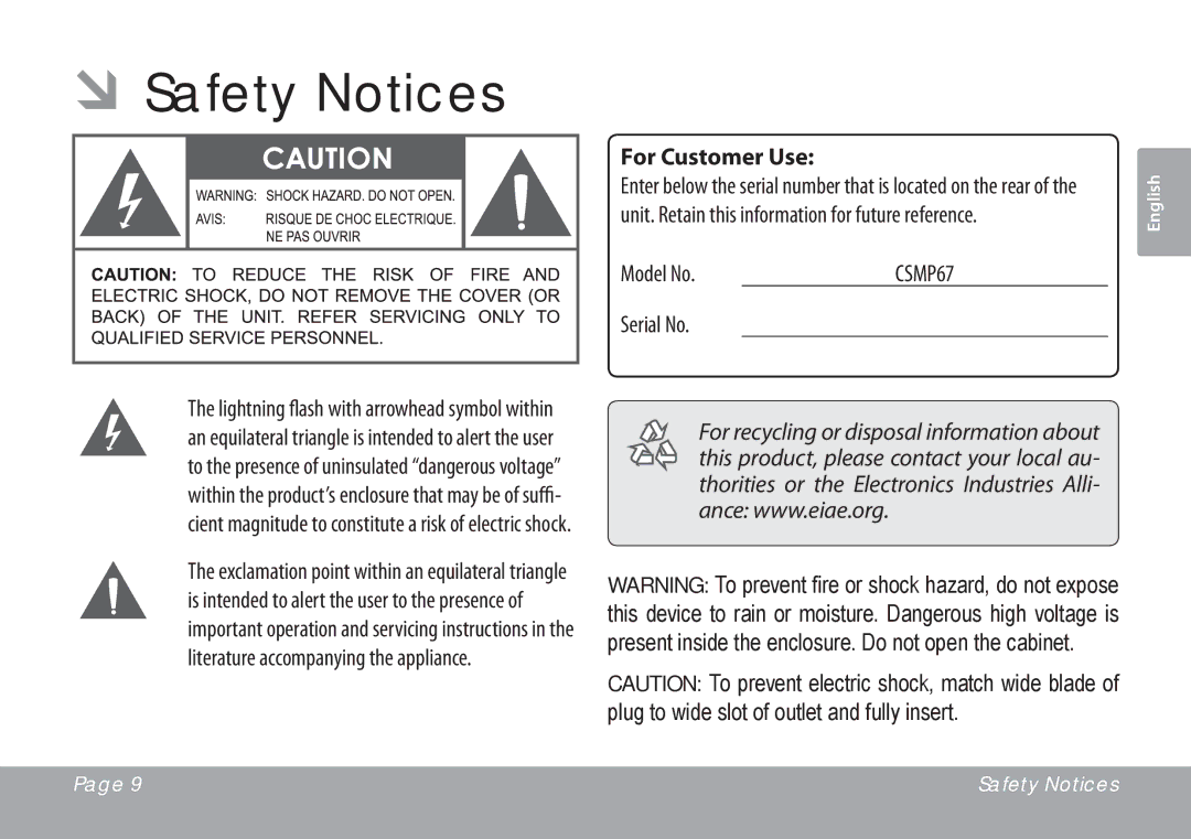 COBY electronic CSMP67 instruction manual ÂÂSafety Notices, For Customer Use 