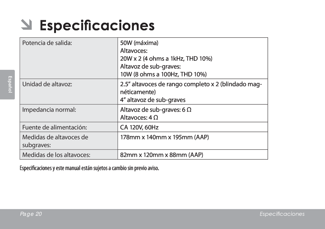 COBY electronic CSMP67 instruction manual ÂÂEspecificaciones 