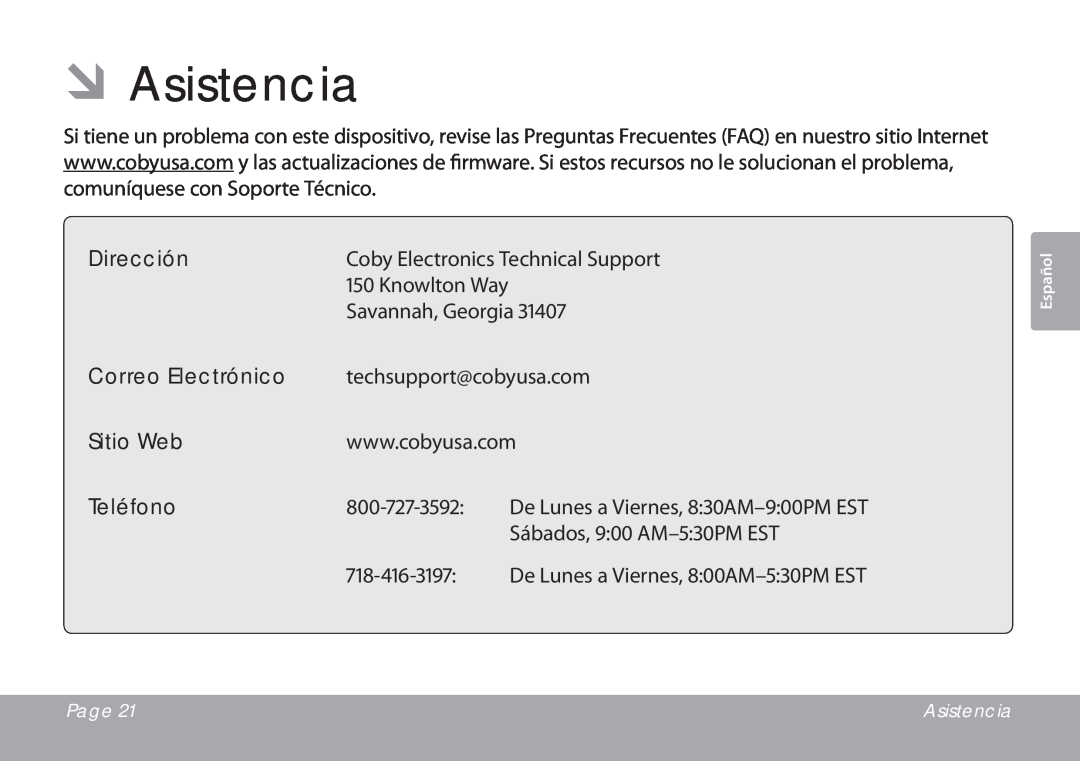 COBY electronic CSMP67 instruction manual ÂÂAsistencia, Dirección, Correo Electrónico, Sitio Web, Teléfono 