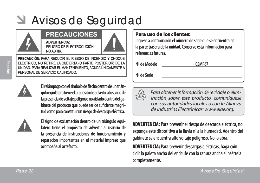 COBY electronic CSMP67 ÂÂAvisos de Seguirdad, Para uso de los clientes, Page, Avisos De Seguirdad, Español 