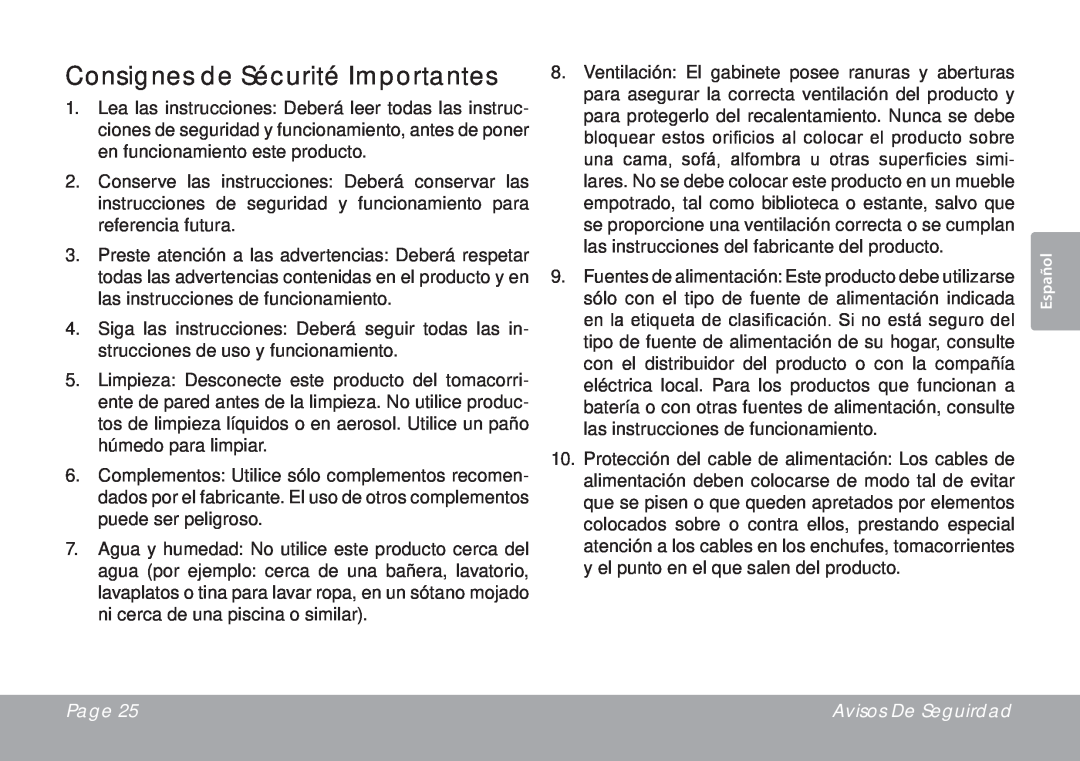 COBY electronic CSMP67 instruction manual Consignes de Sécurité Importantes, Page, Avisos De Seguirdad 