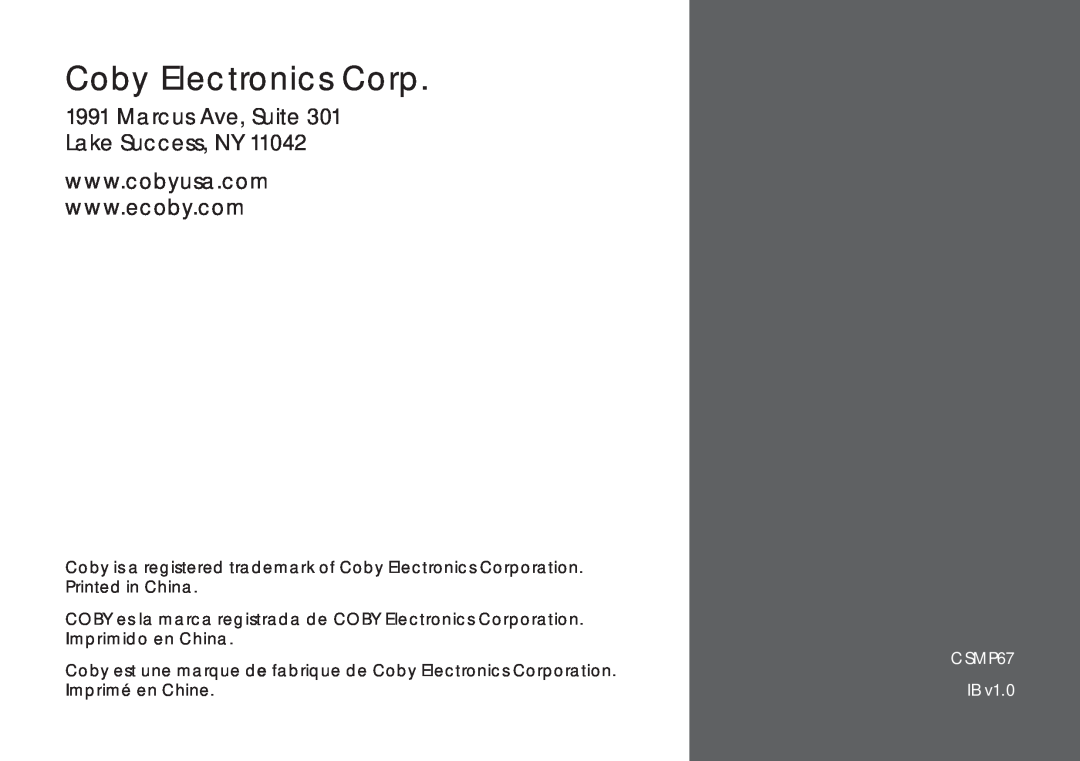 COBY electronic instruction manual Coby Electronics Corp, Marcus Ave, Suite 301 Lake Success, NY, CSMP67﻿ 
