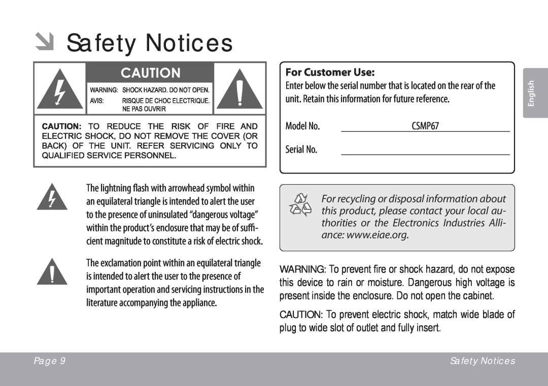 COBY electronic CSMP67 instruction manual ÂÂSafety Notices, For Customer Use, Page, English 