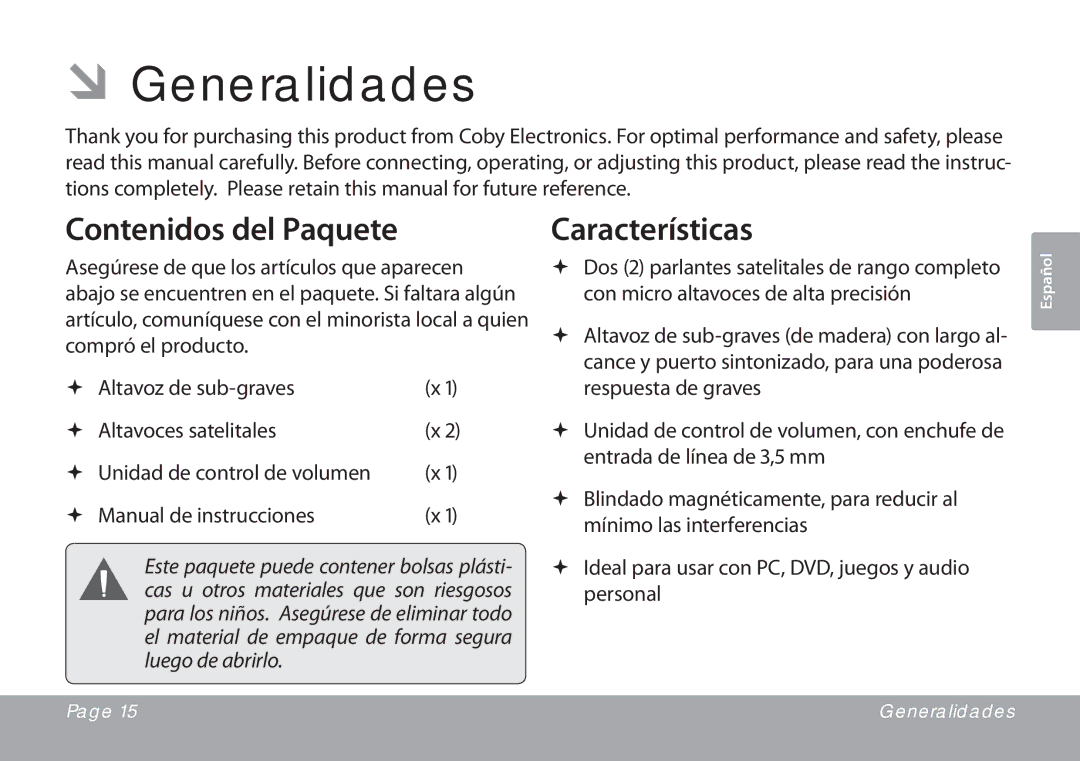 COBY electronic CSMP77 instruction manual ÂÂGeneralidades, Contenidos del Paquete, Características 