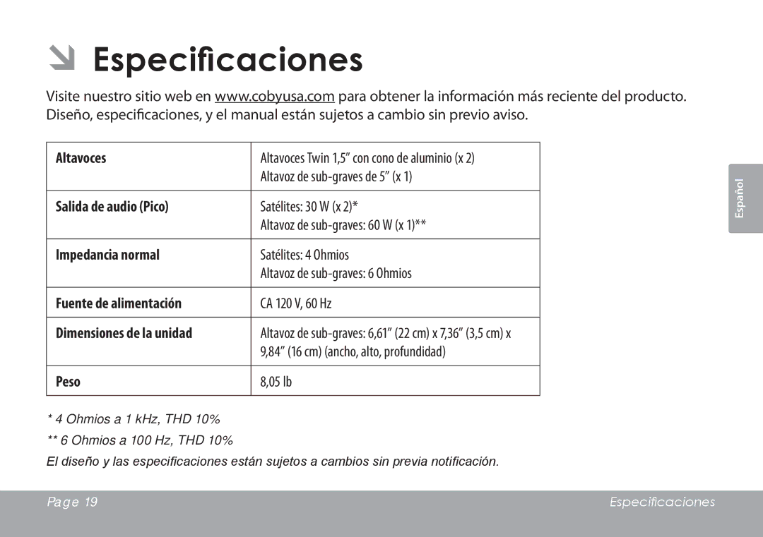 COBY electronic CSMP77 instruction manual ÂÂEspecificaciones, Peso 