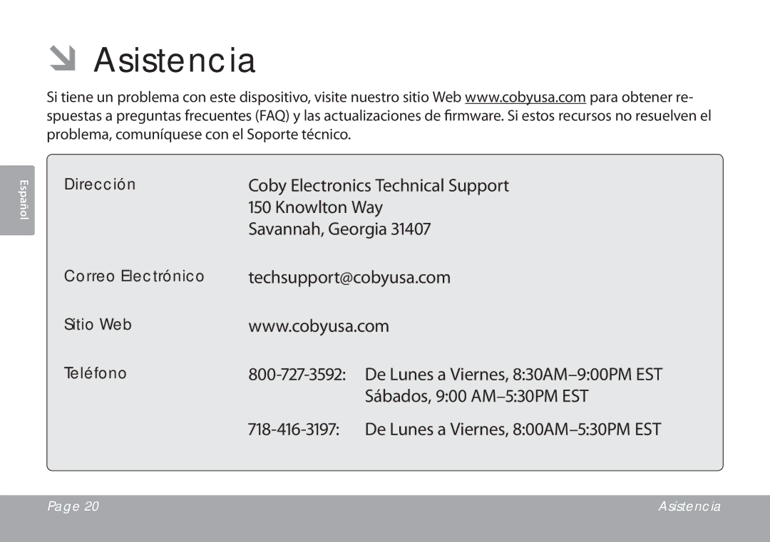 COBY electronic CSMP77 instruction manual ÂÂAsistencia, Dirección Correo Electrónico Sitio Web Teléfono 