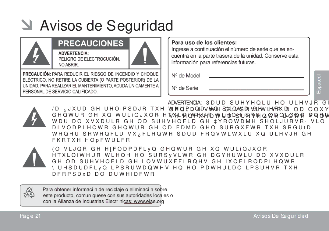 COBY electronic CSMP77 instruction manual ÂÂAvisos de Seguridad, Para uso de los clientes 