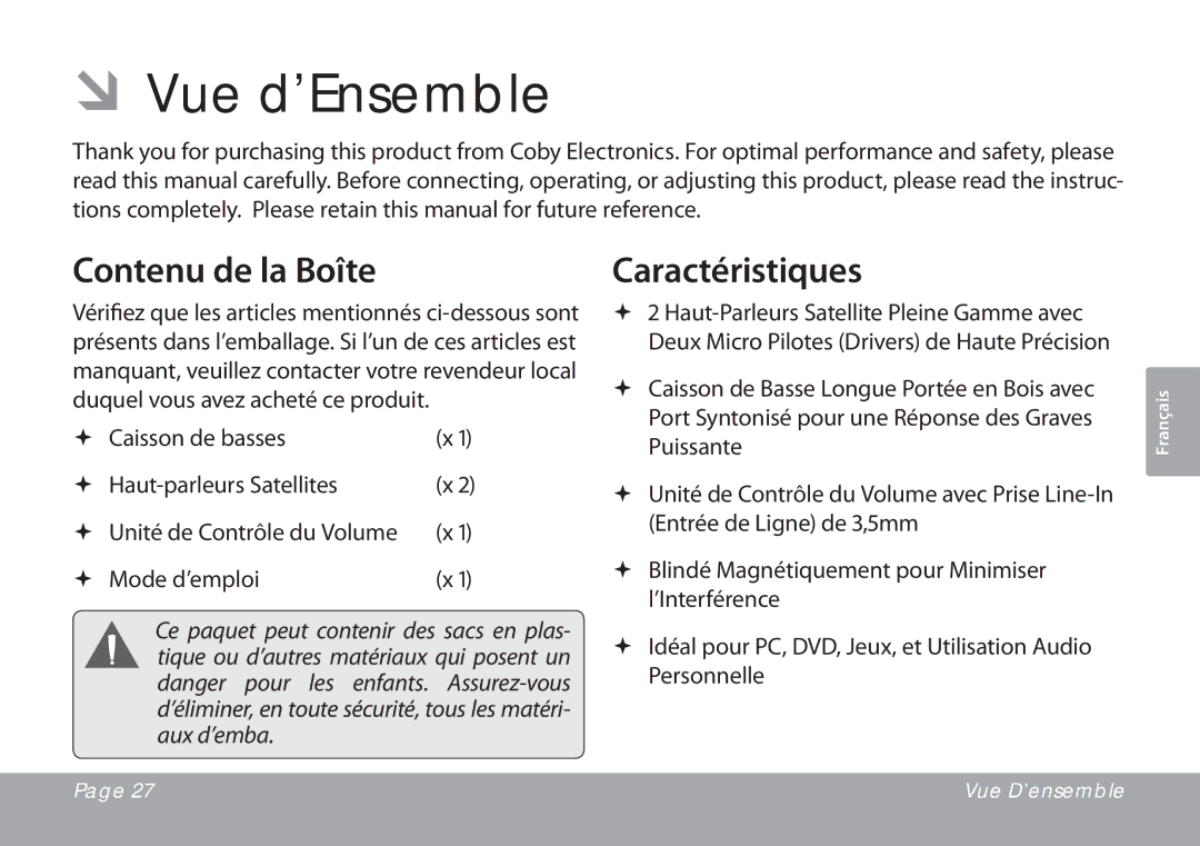 COBY electronic CSMP77 instruction manual ÂÂVue d’Ensemble, Contenu de la Boîte, Caractéristiques 