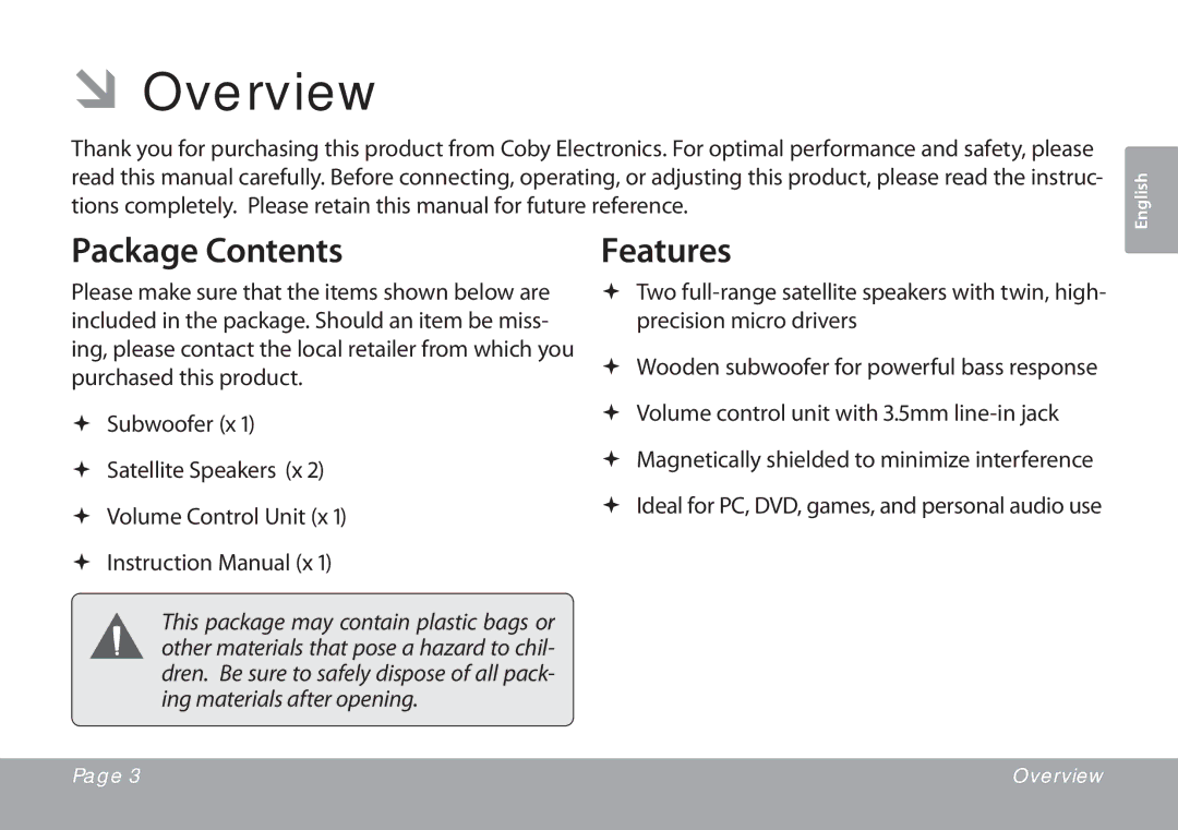 COBY electronic CSMP77 instruction manual ÂÂOverview, Package Contents, Features 