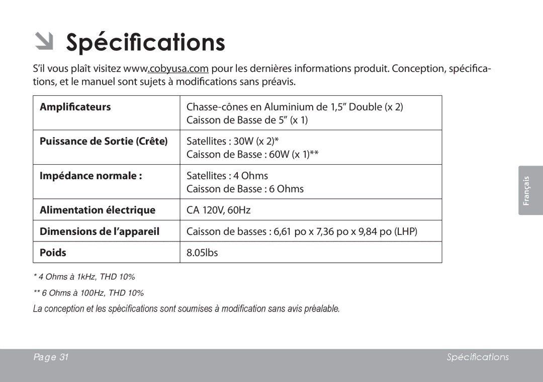 COBY electronic CSMP77 instruction manual ÂÂSpécifications, Amplificateurs 