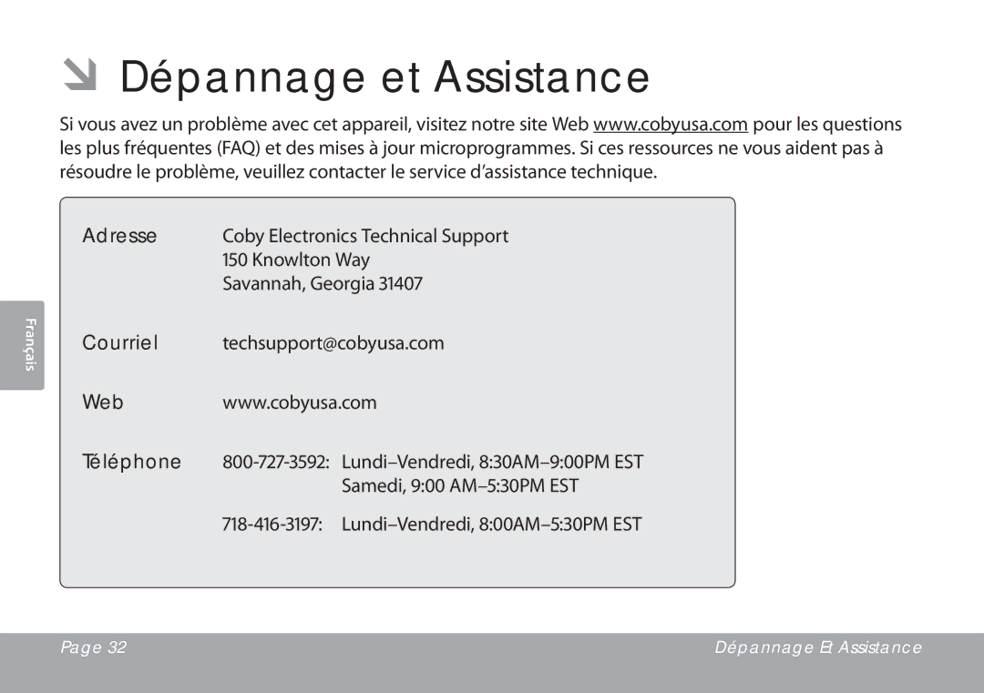 COBY electronic CSMP77 instruction manual ÂÂDépannage et Assistance, Adresse, Courriel, Web Téléphone 