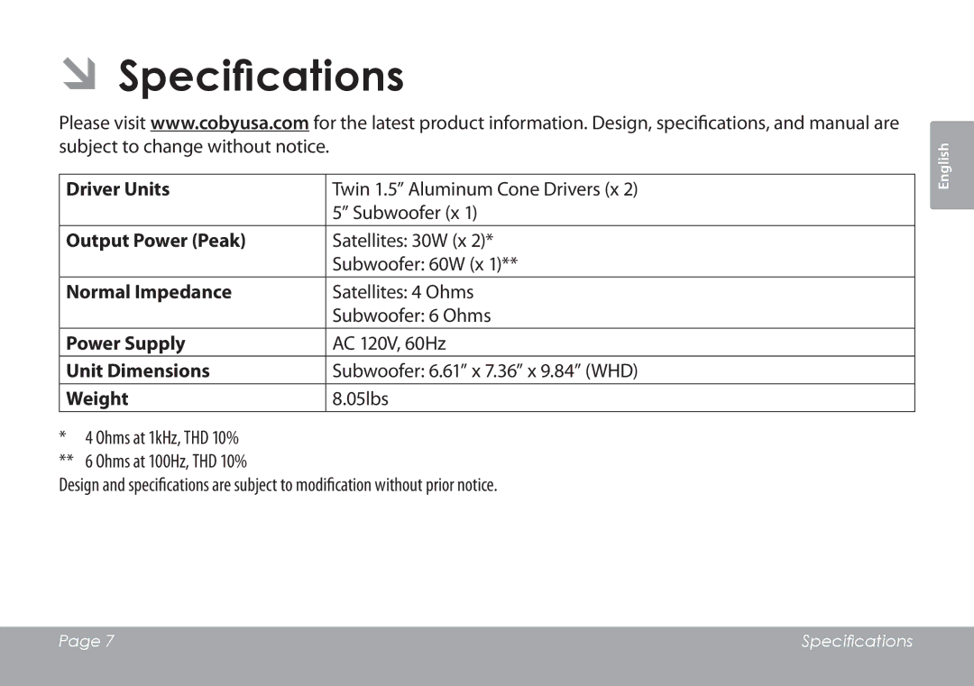 COBY electronic CSMP77 instruction manual ÂÂSpecifications, Weight 