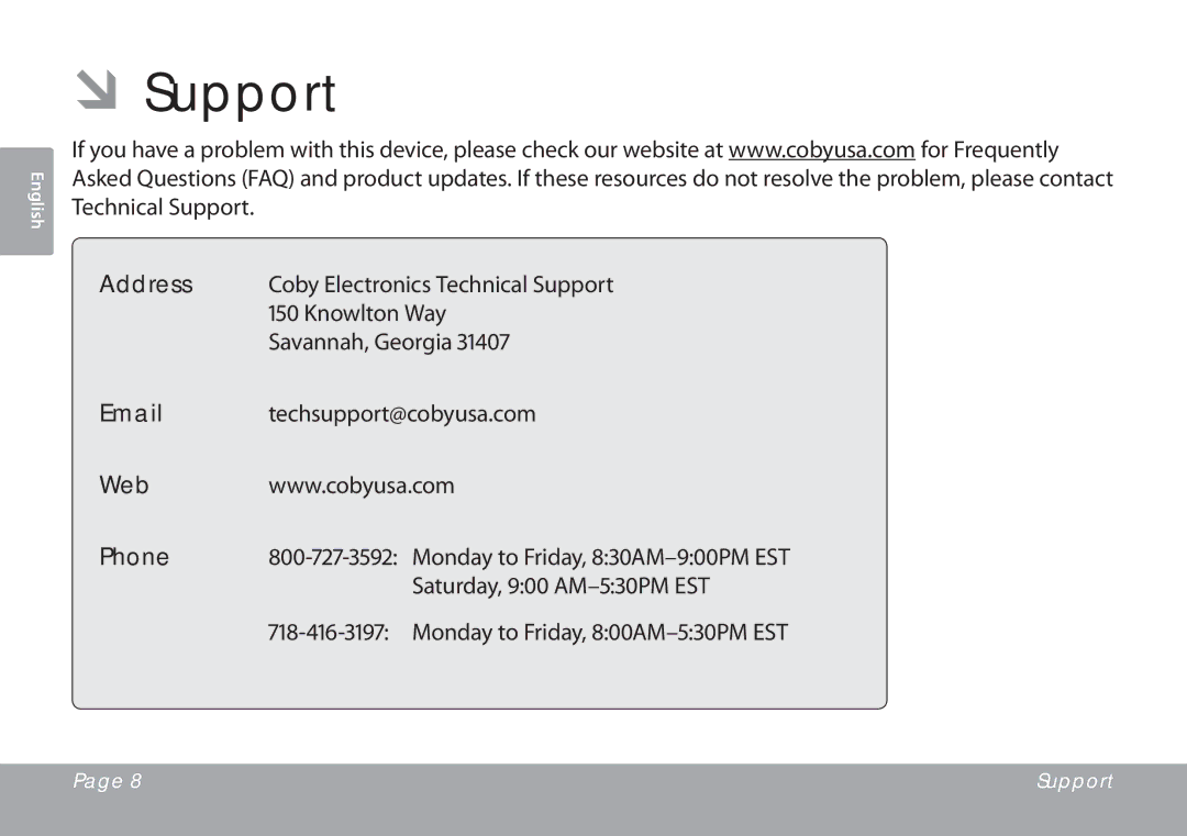 COBY electronic CSMP77 instruction manual ÂÂSupport, Address, Web Phone 