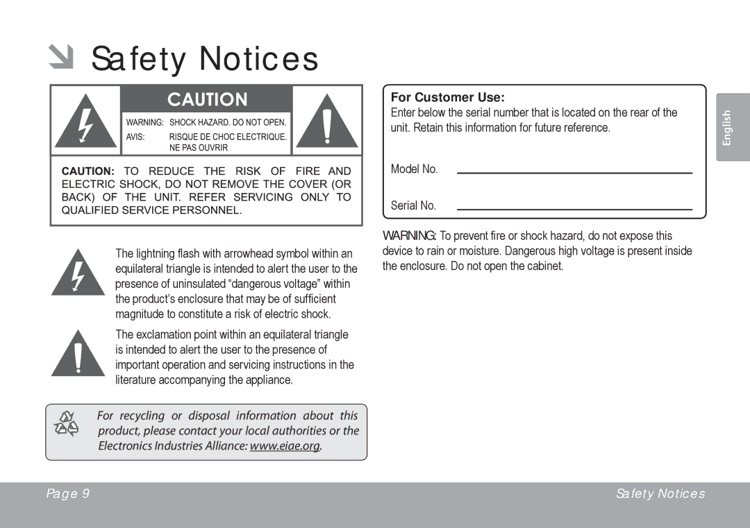 COBY electronic CSMP77 instruction manual ÂÂSafety Notices, For Customer Use 