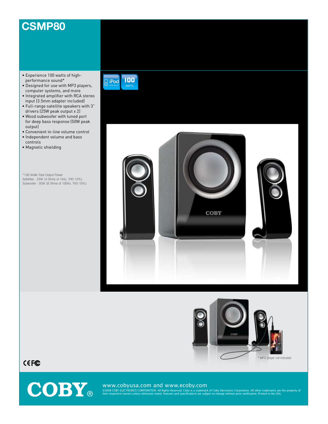 COBY electronic CSMP80 specifications Coby, 100W 2.1-CHANNELMULTIMEDIA SPEAKER SYSTEM 