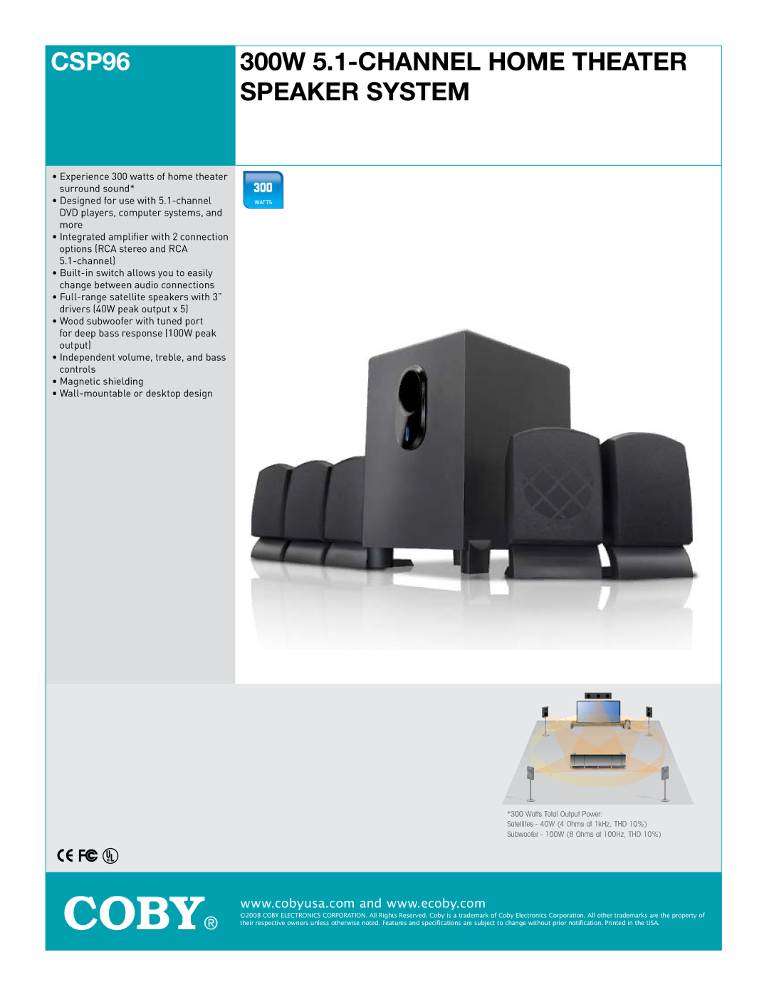 COBY electronic CSP96 specifications 300W 5.1-CHANNEL Home Theater Speaker System,  