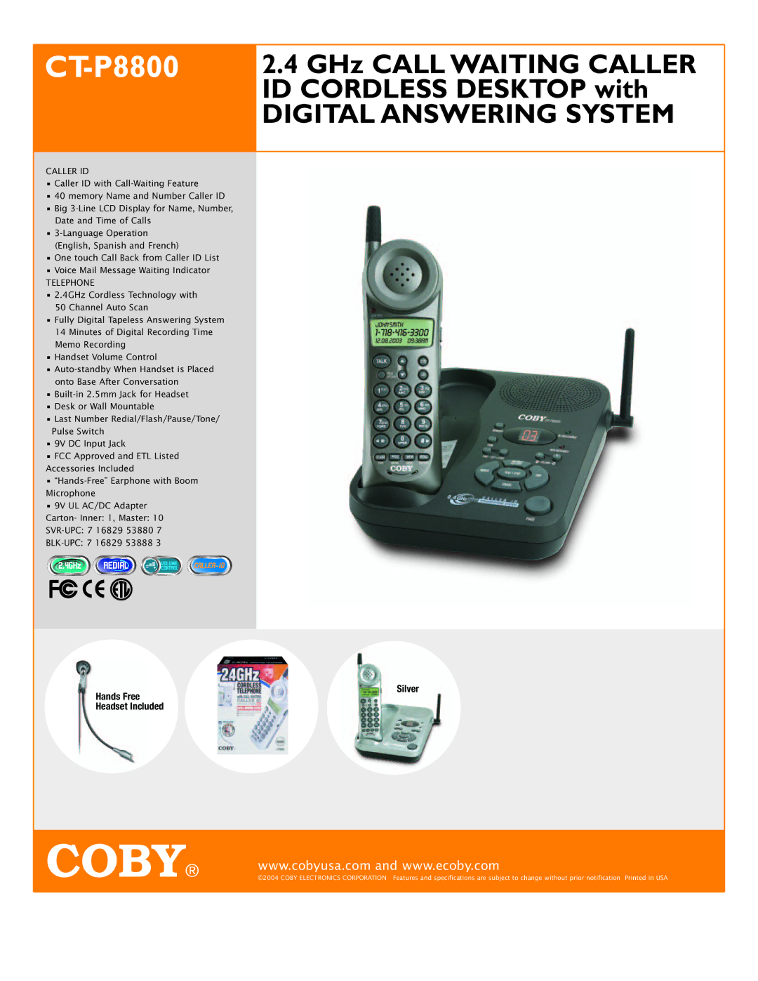 COBY electronic CT-P8800 specifications Digital Answering System, Caller ID, Telephone 