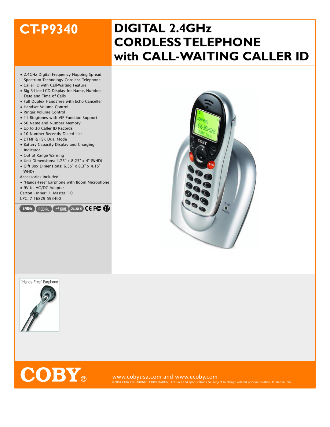 COBY electronic CT-P9340 specifications Coby, DIGITAL 2.4GHz, Cordless Telephone, with CALL-WAITING CALLER ID 