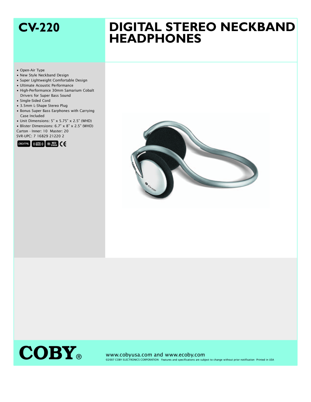 COBY electronic CV 220 specifications Coby, CV-220, Digital Stereo Neckband, Headphones 