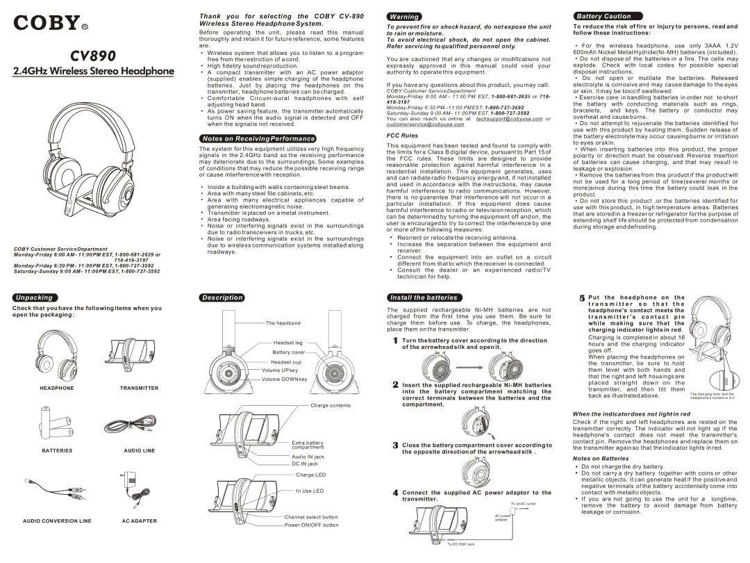 COBY electronic CV 890 manual Battery Caution, Unpacking Description, Install the batteries, FCC Rules 