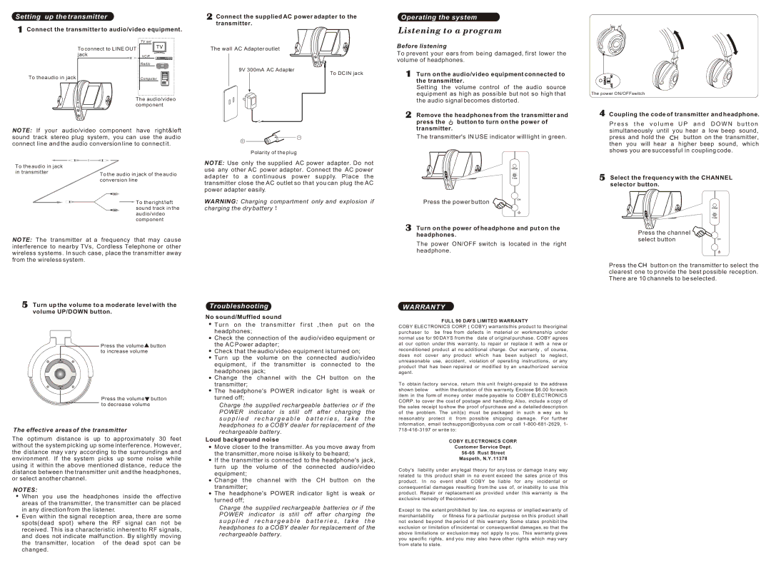 COBY electronic CV 890 manual Setting up the transmitter, Operating the system, Troubleshooting, Before listening 