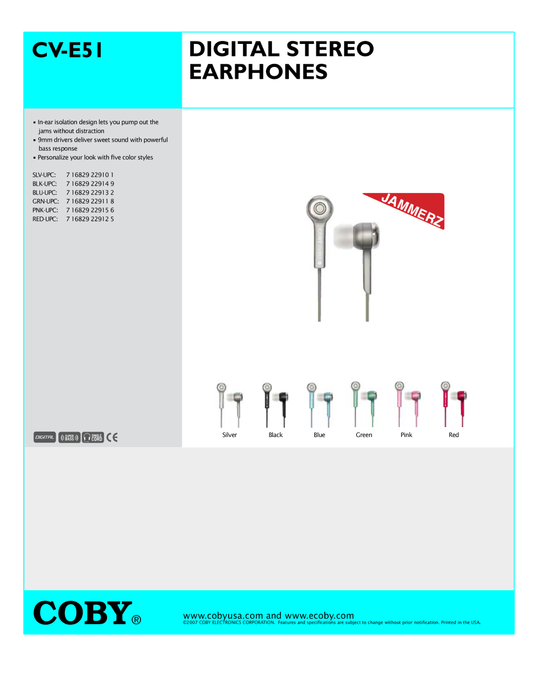 COBY electronic specifications CV-E51 Digital Stereo Earphones 