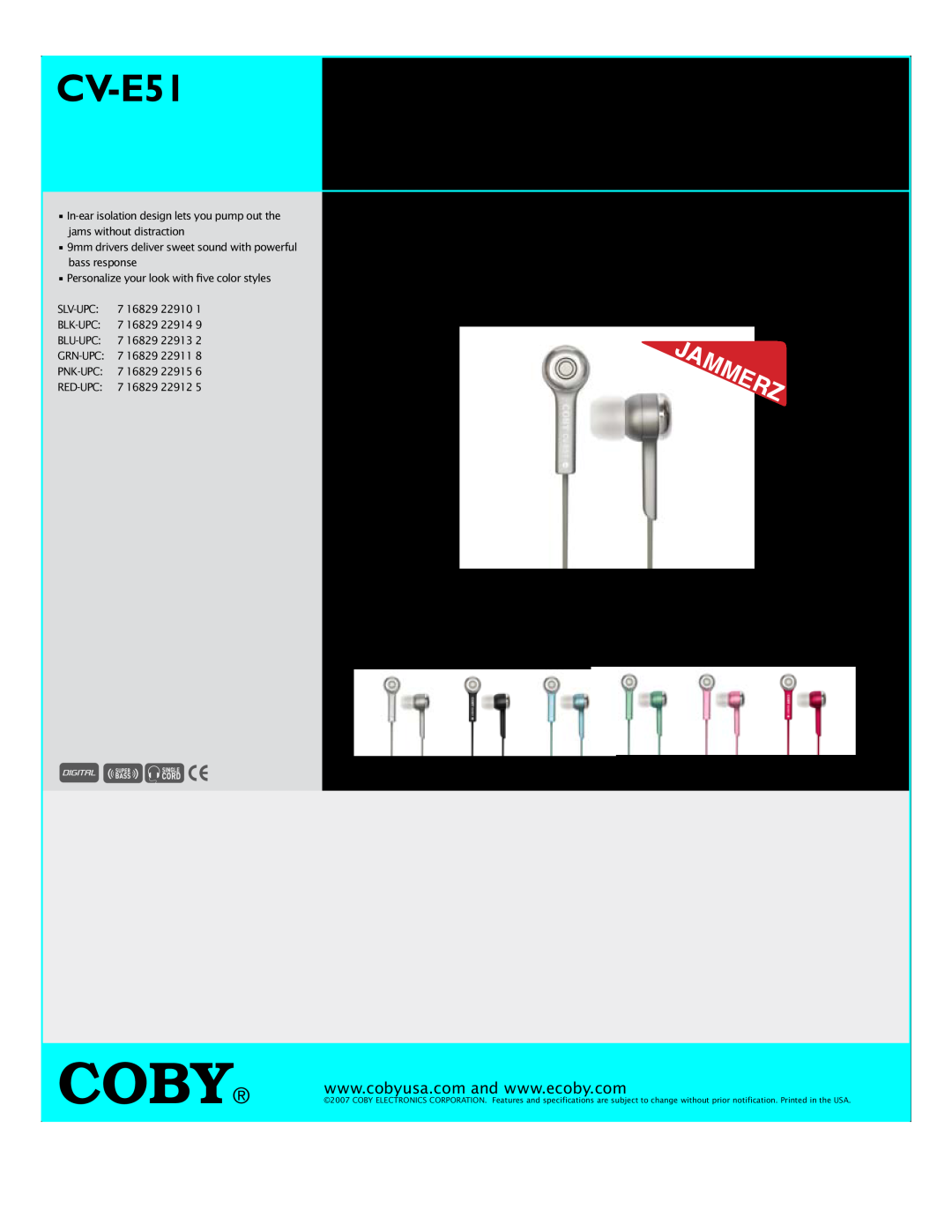 COBY electronic CV-E51 specifications Coby, Digital Stereo, Earphones 