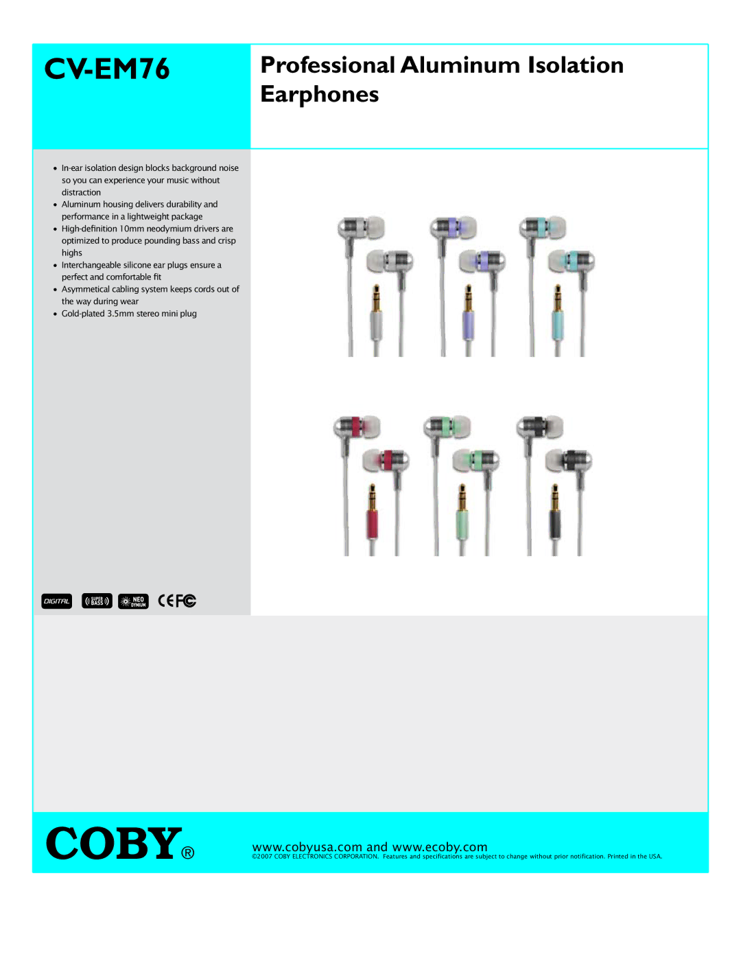 COBY electronic CV-EM76 specifications Professional Aluminum Isolation Earphones 