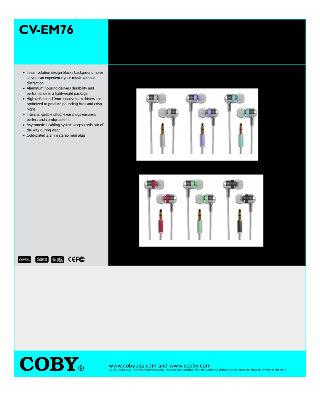 COBY electronic CV-EM76 specifications Coby, Professional Aluminum Isolation Earphones 