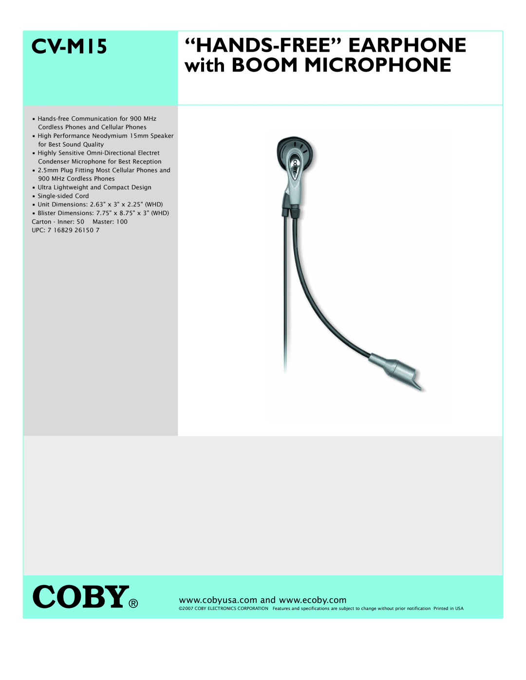 COBY electronic CV M15 specifications Coby, CV-M15, “Hands-Free”Earphone, with BOOM MICROPHONE 