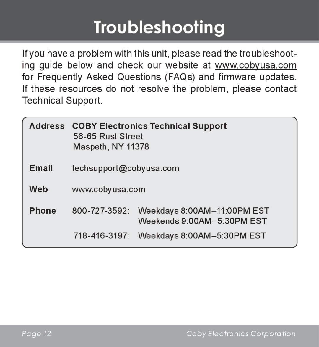 COBY electronic CV-M225 instruction manual Troubleshooting, Web Phone 