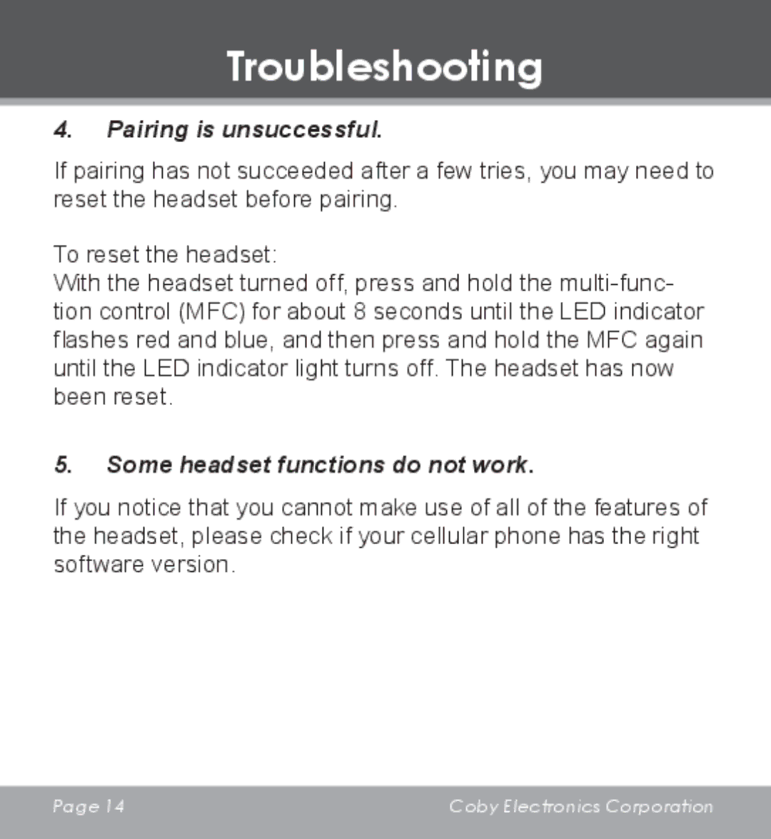 COBY electronic CV-M225 instruction manual Pairing is unsuccessful, Some headset functions do not work 