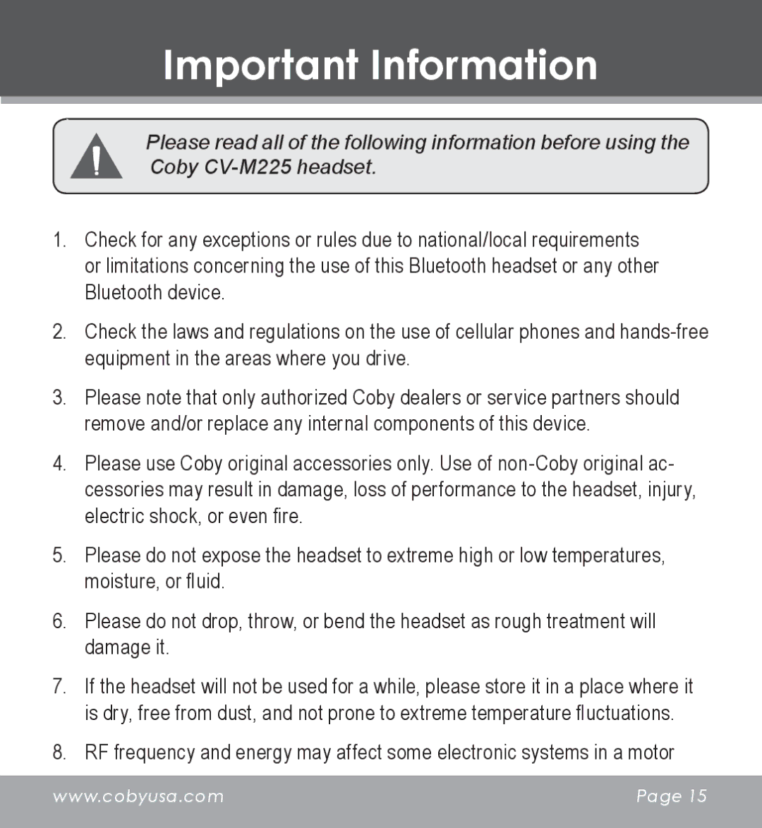 COBY electronic CV-M225 instruction manual Important Information 