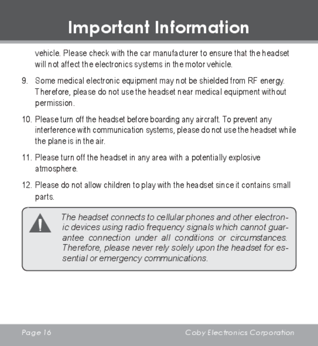 COBY electronic CV-M225 instruction manual Important Information 