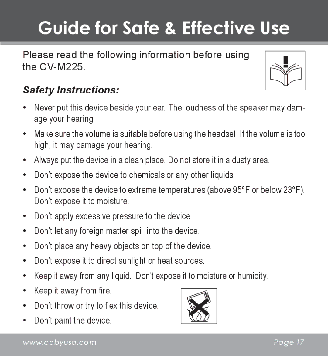 COBY electronic CV-M225 instruction manual Guide for Safe & Effective Use, Safety Instructions 