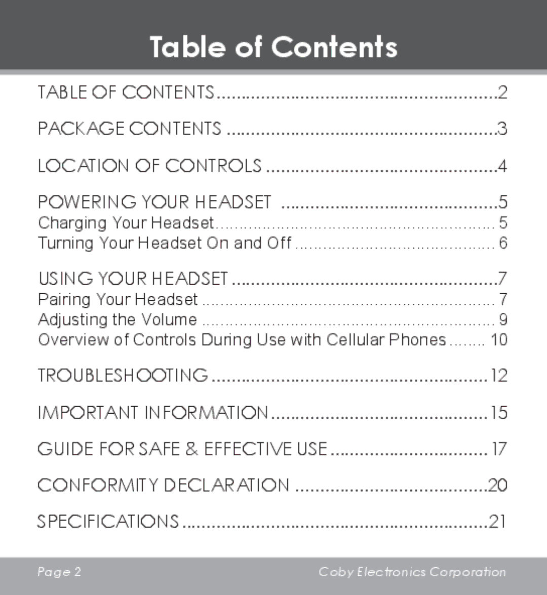 COBY electronic CV-M225 instruction manual Table of Contents 