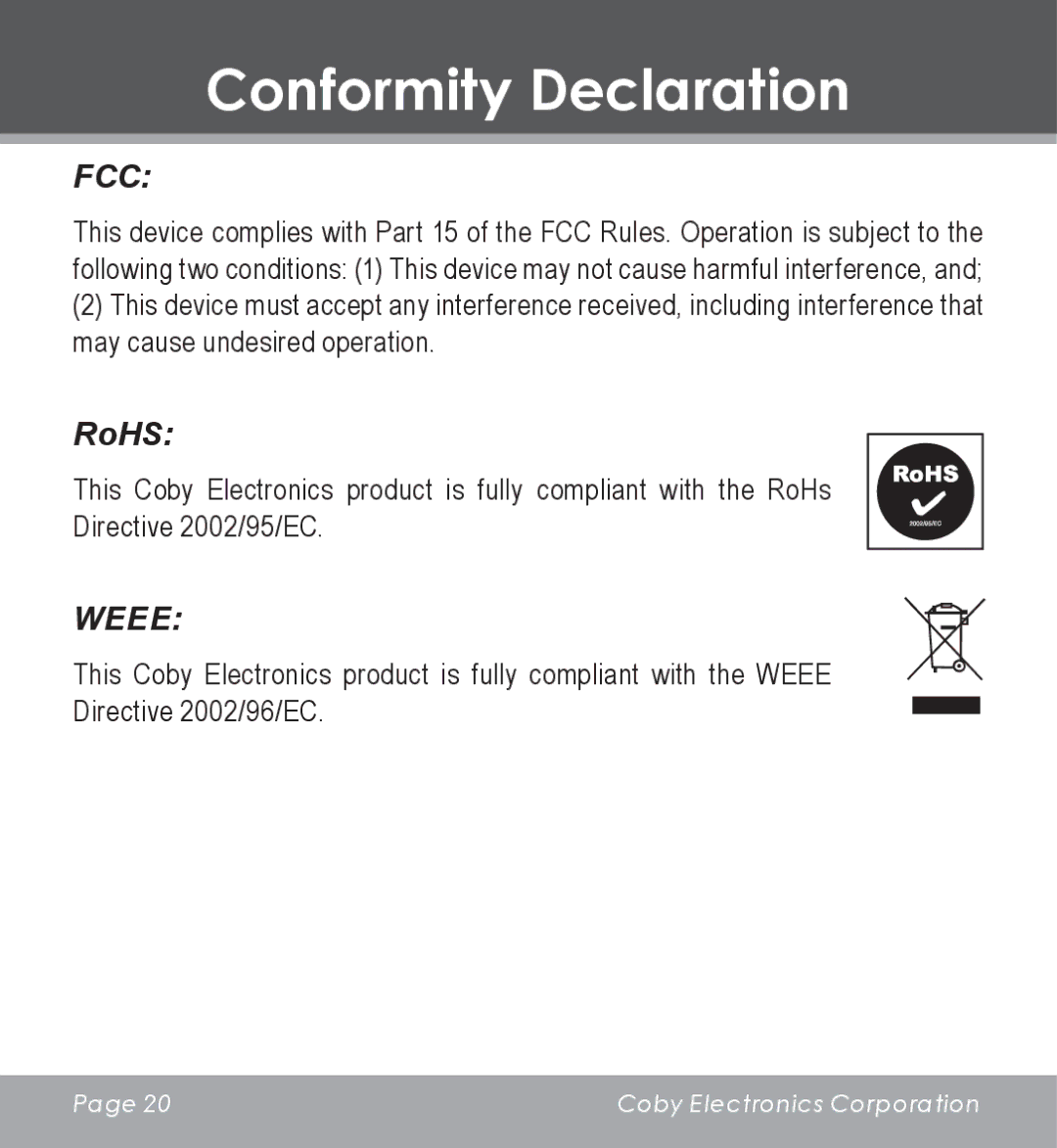 COBY electronic CV-M225 instruction manual Conformity Declaration, RoHS 